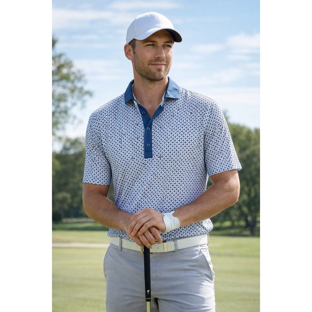 Greyson Printed Short Sleeve Collared Golf Polo Shirt Blue White Men's Medium